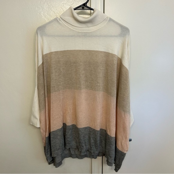 Calvin Klein Oversized Turtleneck Cape Sweater White Tan Pink Gray Stripe S/M - Picture 1 of 8